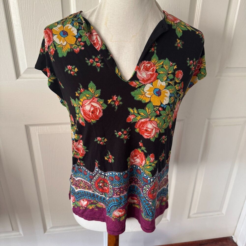 Johnny Was XS Black Floral Border Notch V-Neck Boho Rayon Spandex Paisley Rose